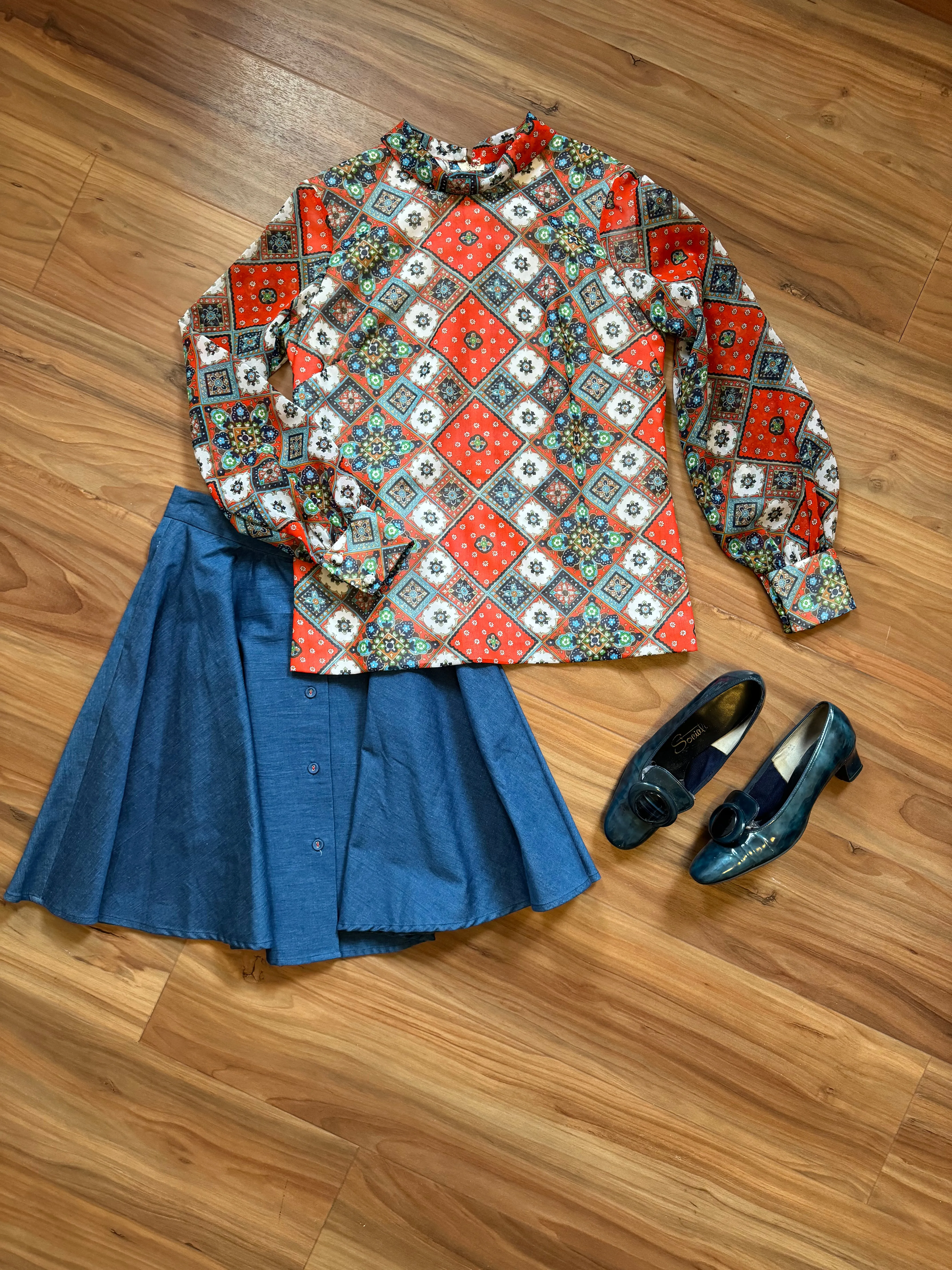 60s Long Sleeve Patchwork Print Blouse