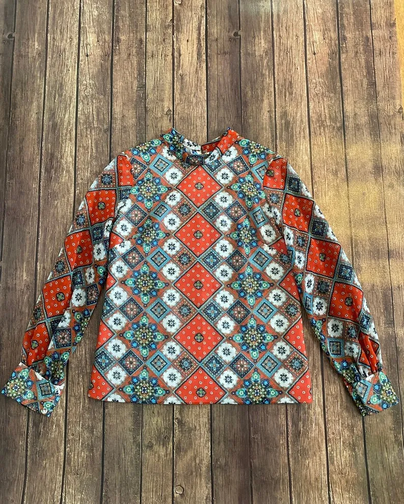 60s Long Sleeve Patchwork Print Blouse