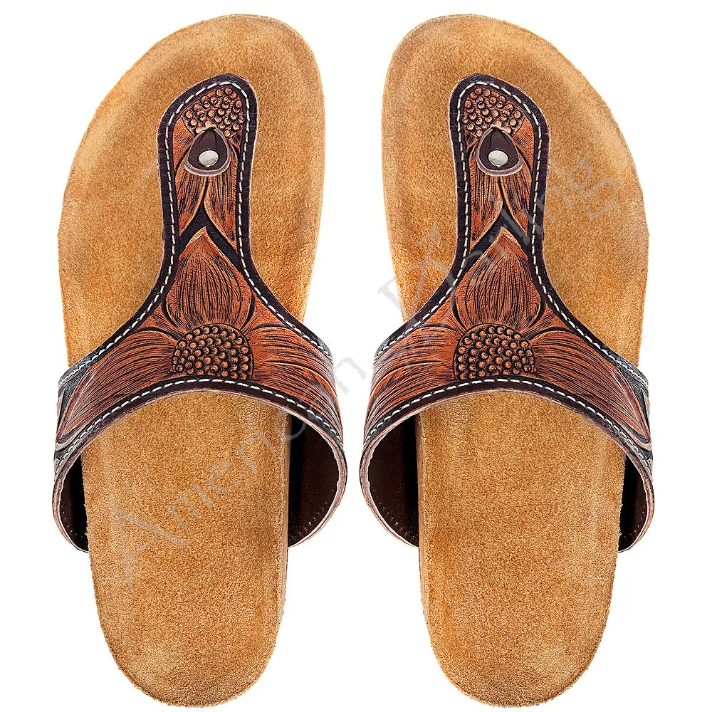 American Darling ADFT105 Hand tooled carved genuine leather sandal footwear flip flop