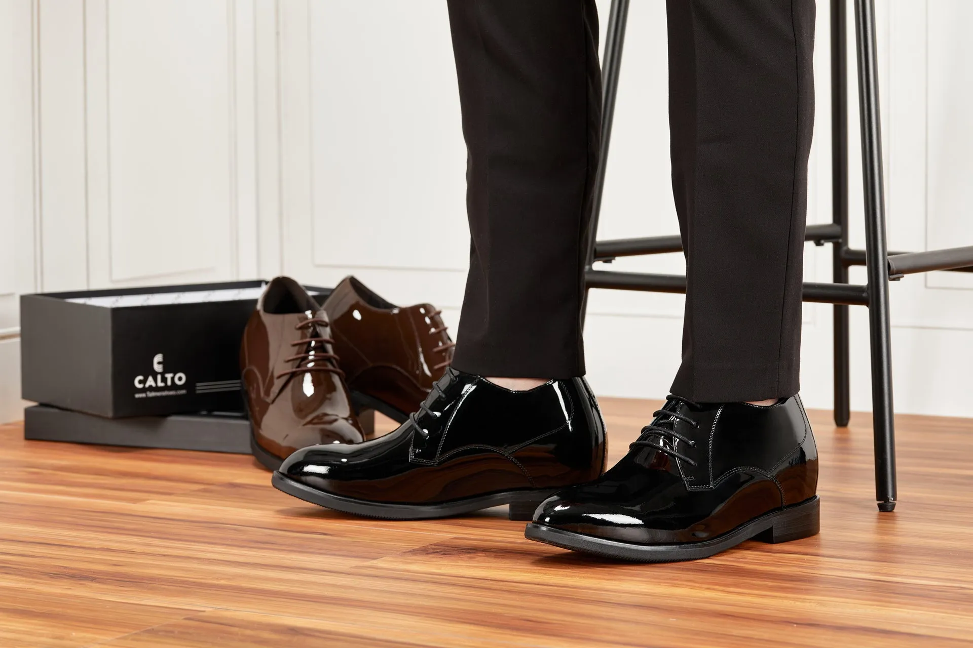 CALTO - K8010 - 3.4 Inches Taller (Black) - Patent Leather Dress Derbies