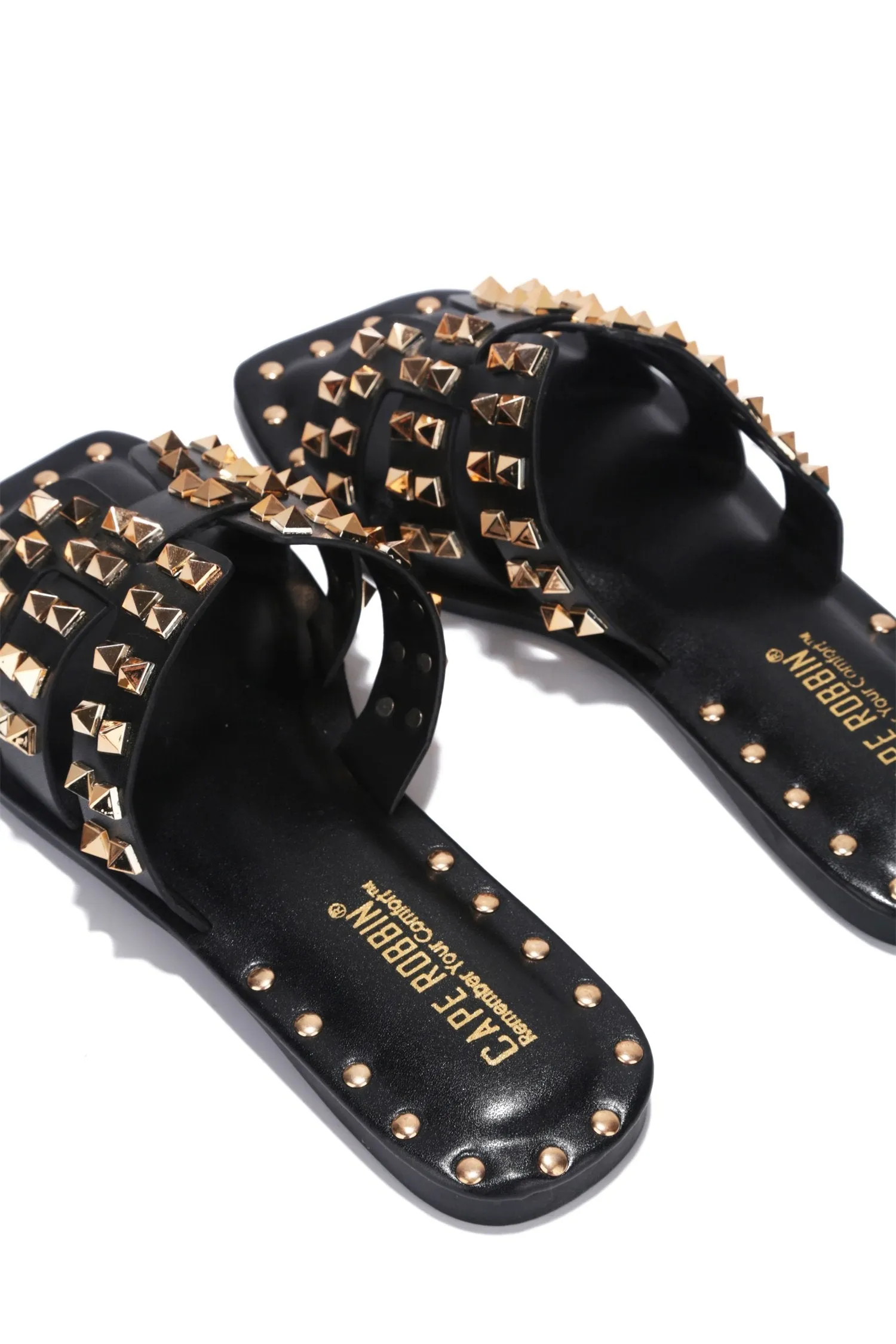 Cape Robbin Amisha Black Gold Open toe Mule Classic Toe Slides Flat Sandals