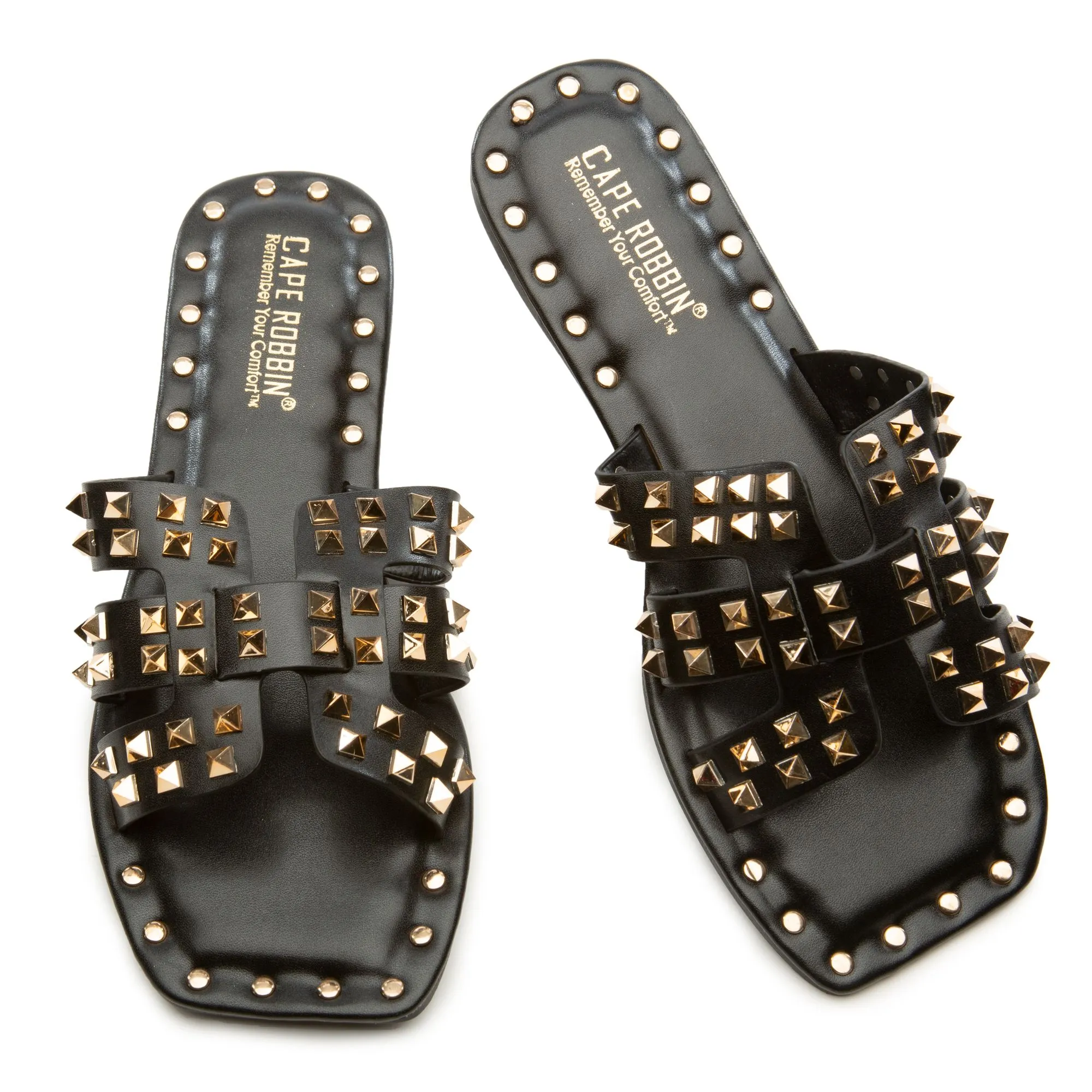 Cape Robbin Amisha Black Gold Open toe Mule Classic Toe Slides Flat Sandals