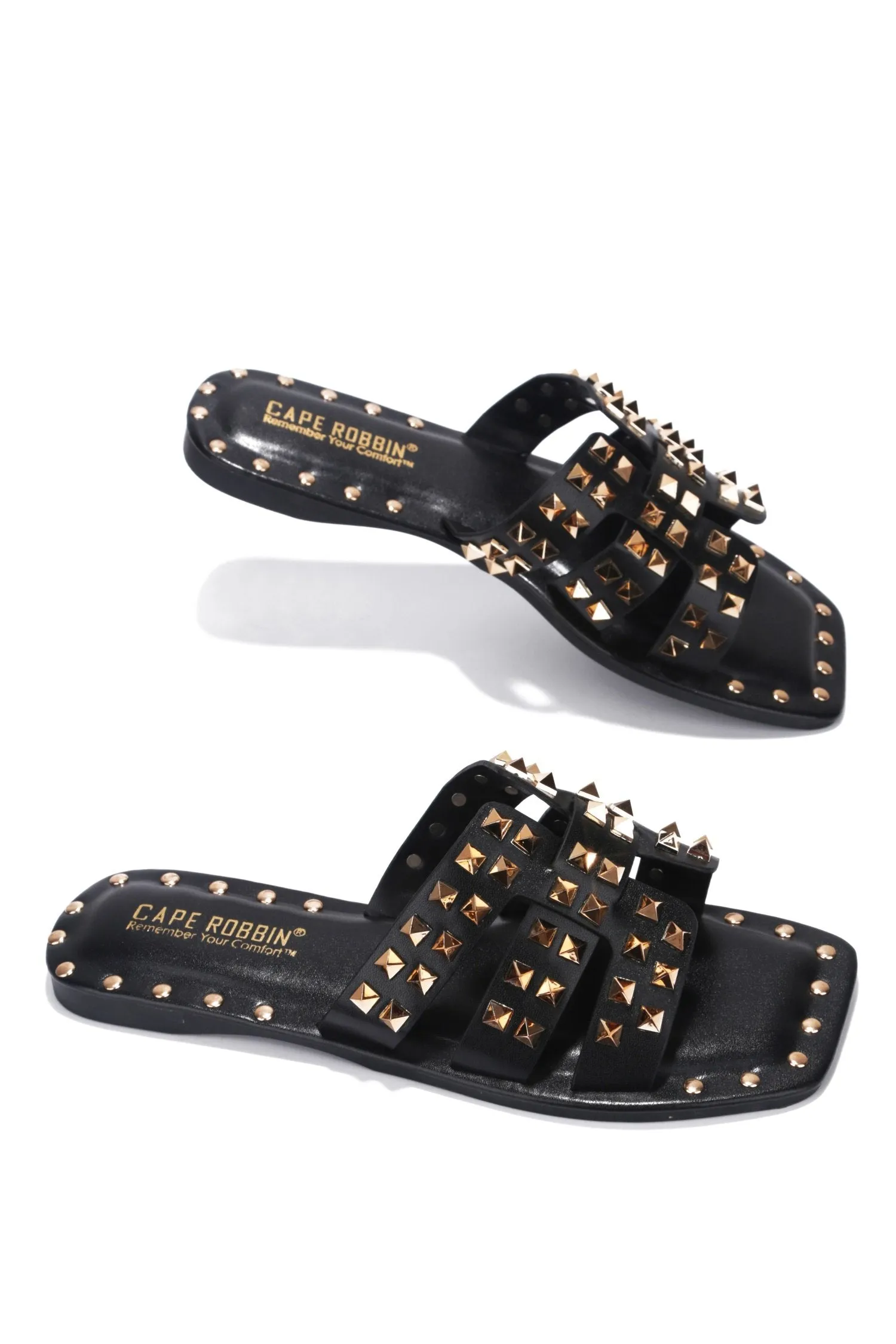 Cape Robbin Amisha Black Gold Open toe Mule Classic Toe Slides Flat Sandals