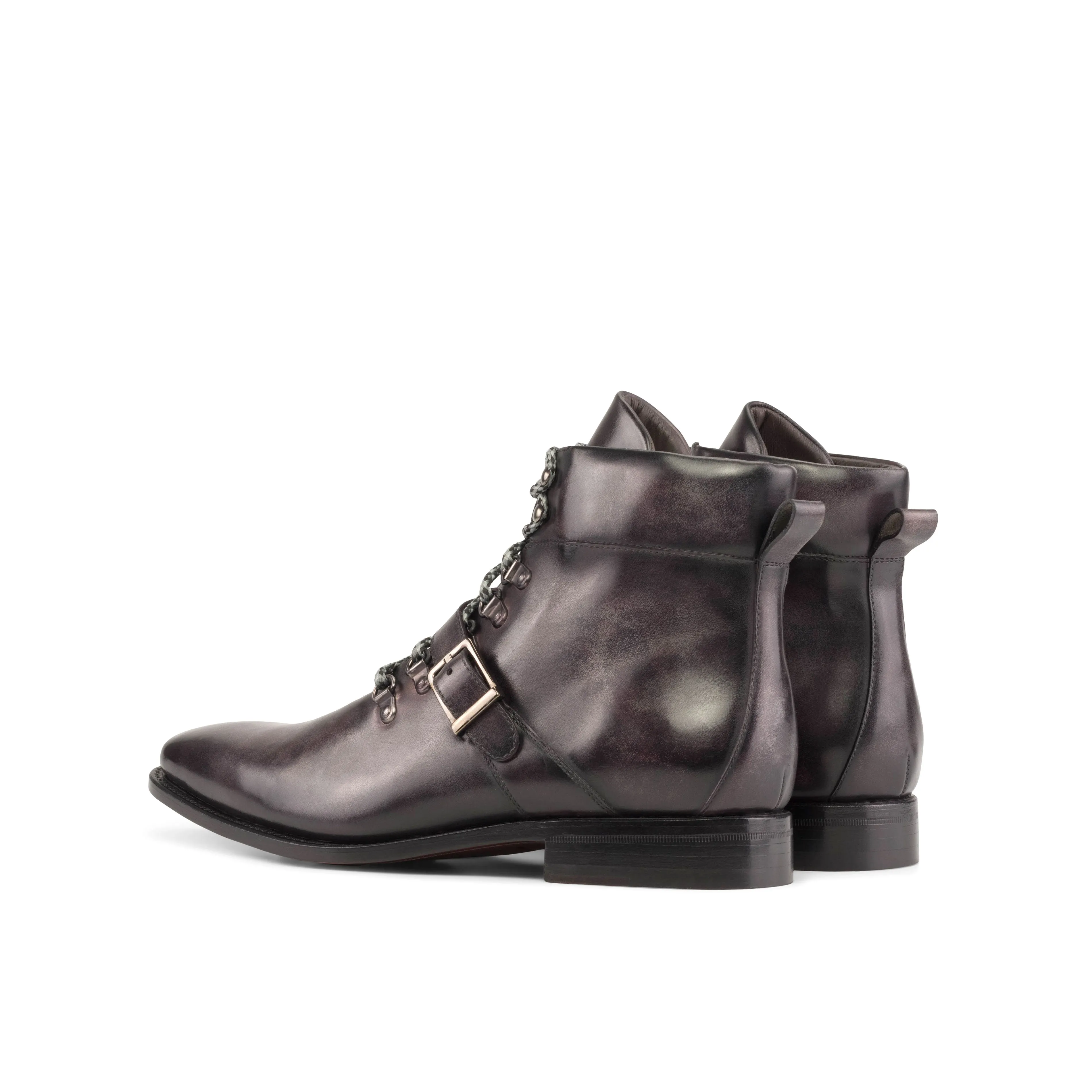 Goodyear Welted Aubergine Leather Patina Hiking Boots, Luxury Leather Boots (Fastlane 1 Week Production)