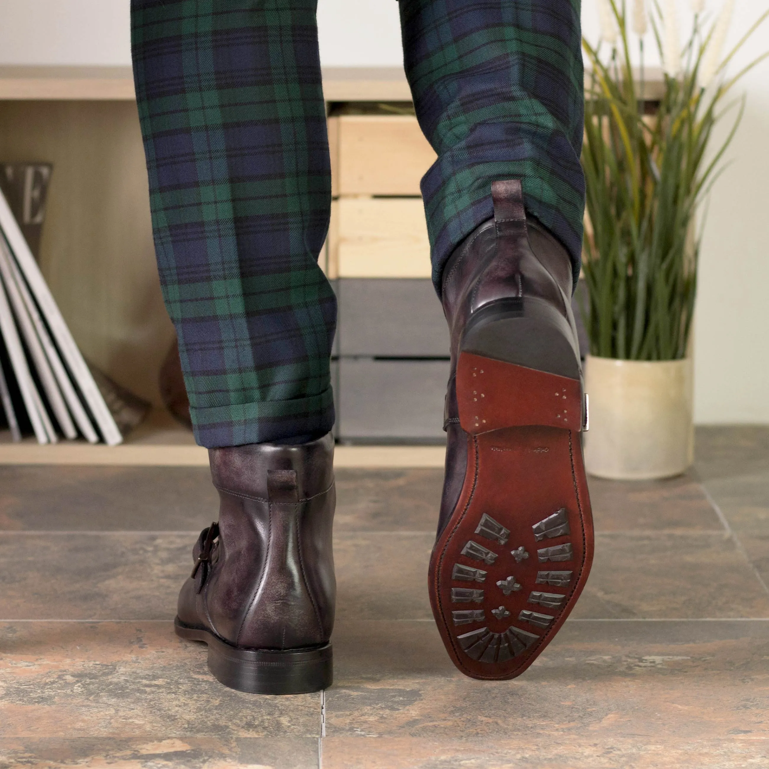 Goodyear Welted Aubergine Leather Patina Hiking Boots, Luxury Leather Boots (Fastlane 1 Week Production)