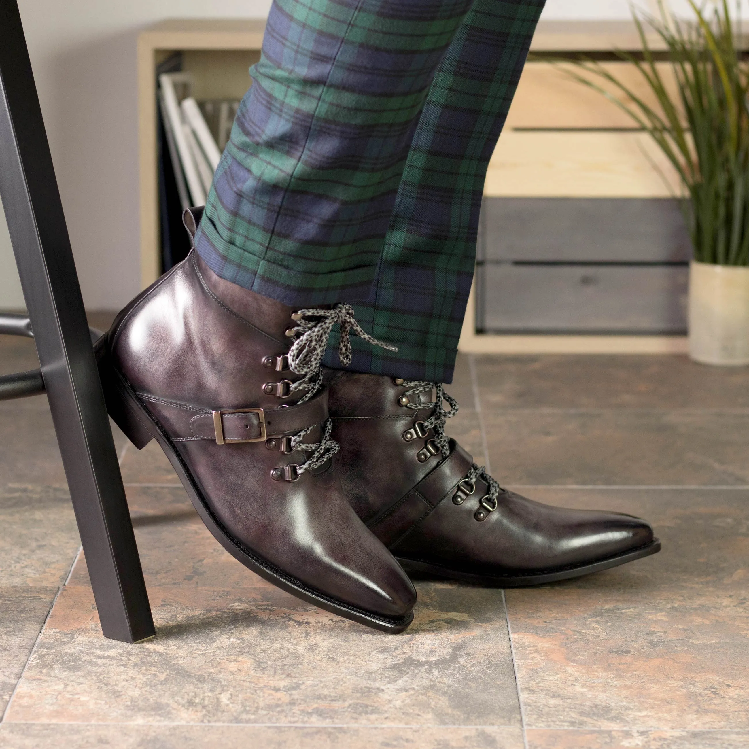Goodyear Welted Aubergine Leather Patina Hiking Boots, Luxury Leather Boots (Fastlane 1 Week Production)
