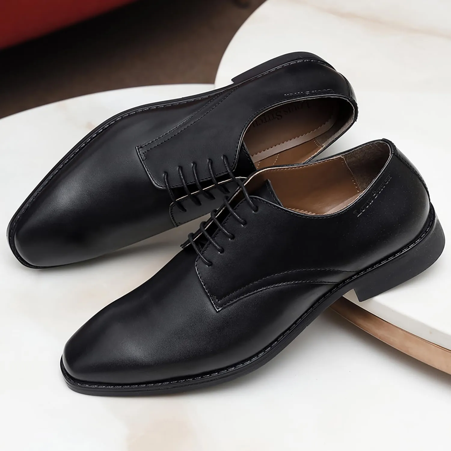 LOUIS STITCH Men's Jet Black Italian Leather Shoes Handmade Formal Lace Up Derbies for Men (RXPL) (Size- 8 UK)