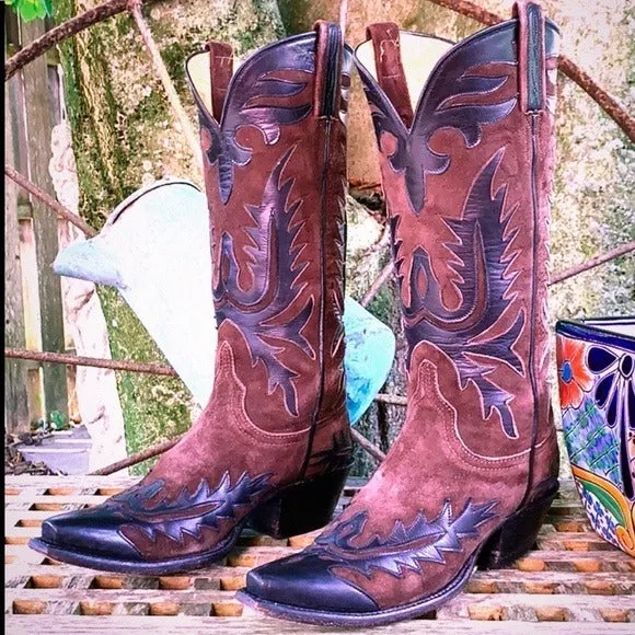 LUCCHESE Classics Handmade Vintage Tall Black Brown Leather Western Cowgirl Cowboy Boots