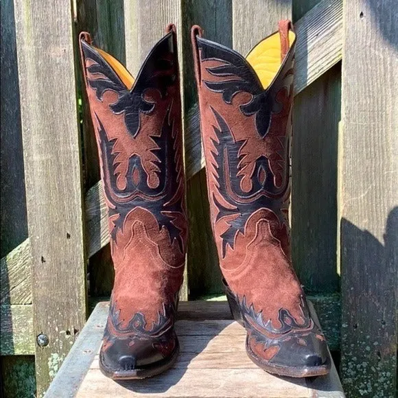 LUCCHESE Classics Handmade Vintage Tall Black Brown Leather Western Cowgirl Cowboy Boots