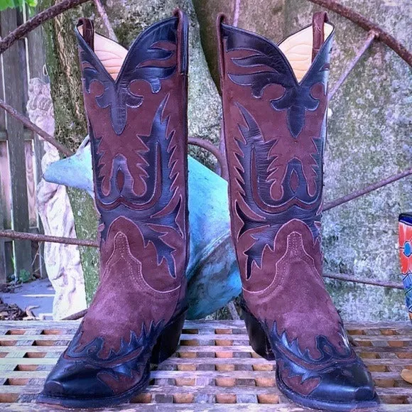 LUCCHESE Classics Handmade Vintage Tall Black Brown Leather Western Cowgirl Cowboy Boots