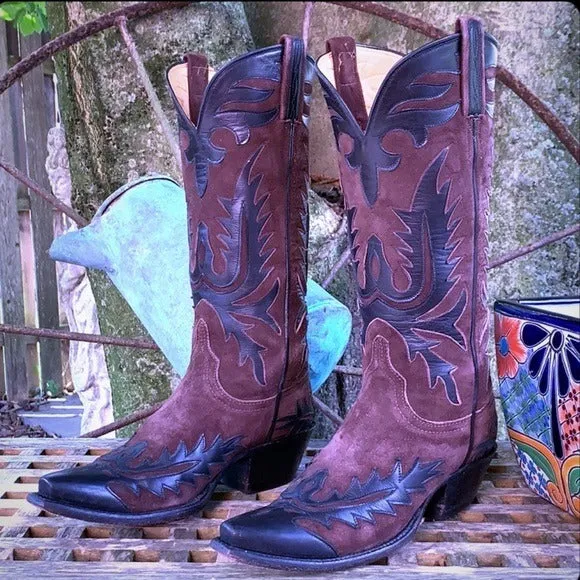 LUCCHESE Classics Handmade Vintage Tall Black Brown Leather Western Cowgirl Cowboy Boots