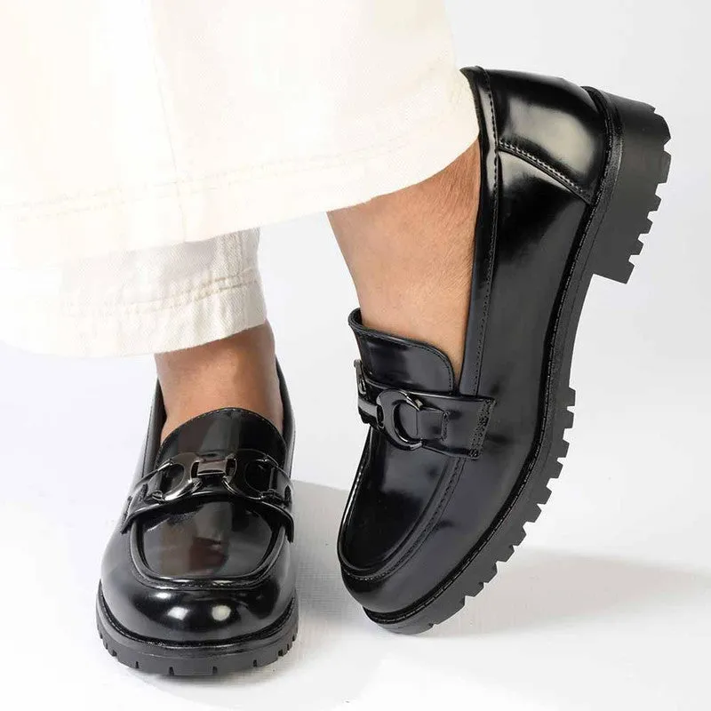 Madison Birdie Trim Cleated Ladies Slip On Loafers - Black Mono