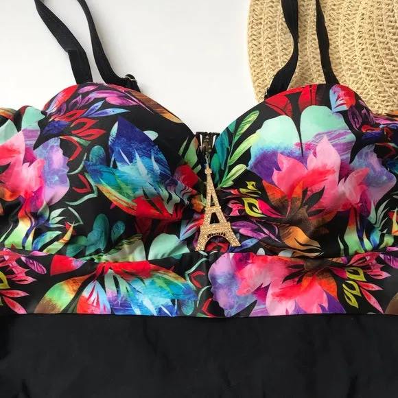 One piece black floral swimsuit Bathingsuit