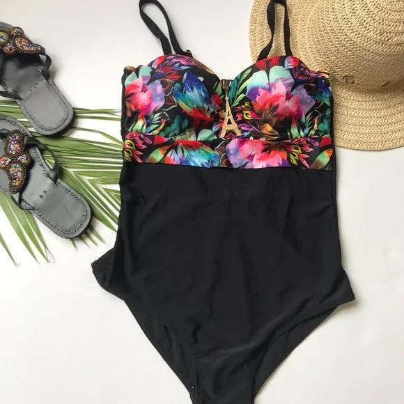 One piece black floral swimsuit Bathingsuit