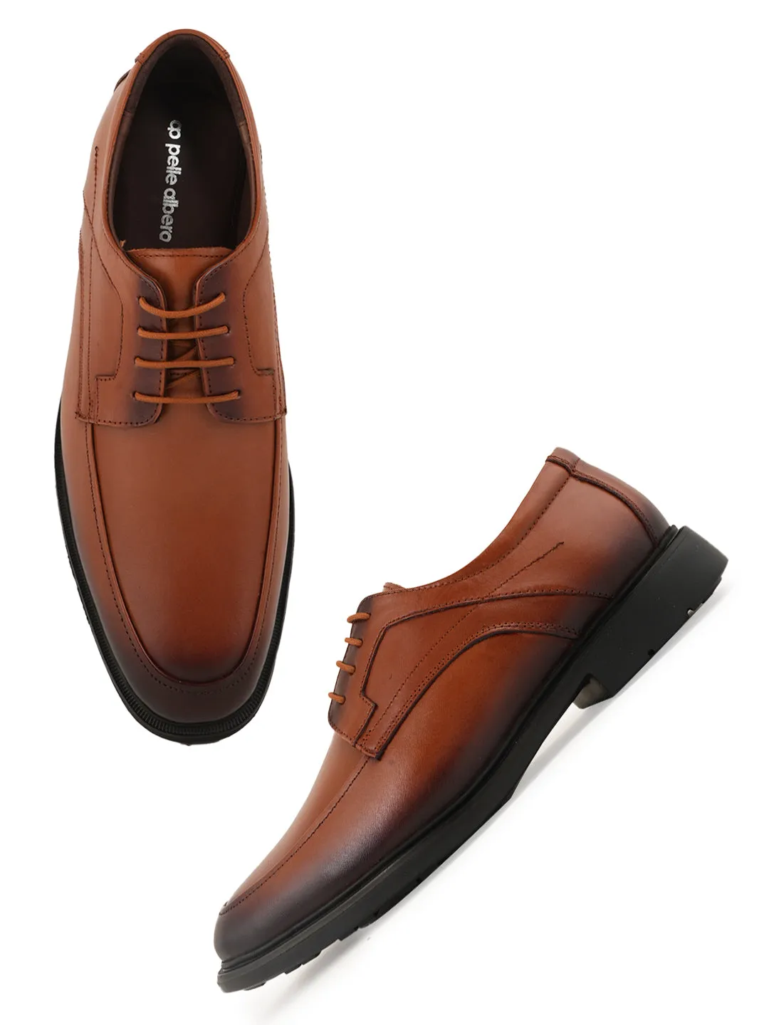 Pelle Albero Tan Black Solid Leather Formal Derbys