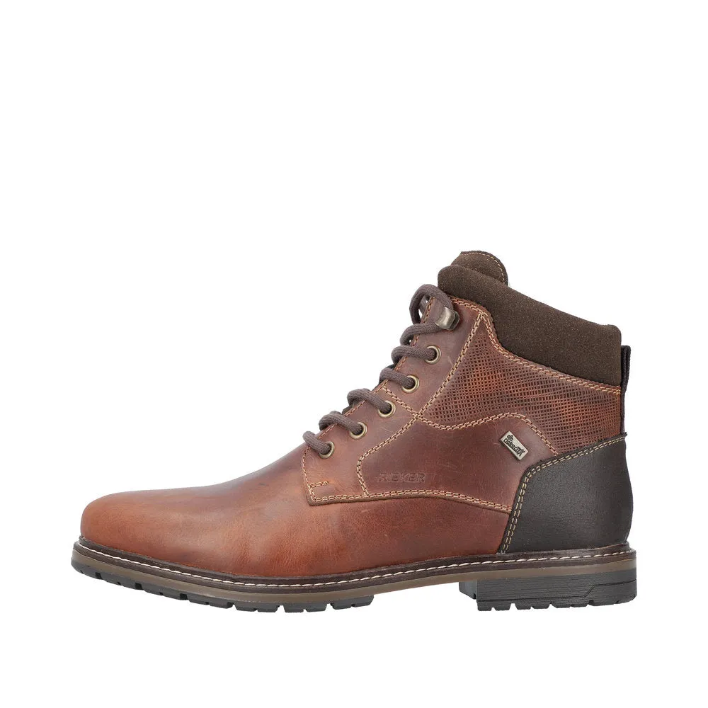 Rieker 13740-24 Mens Brown Leather Water Resistant Zip & Lace Ankle Boots