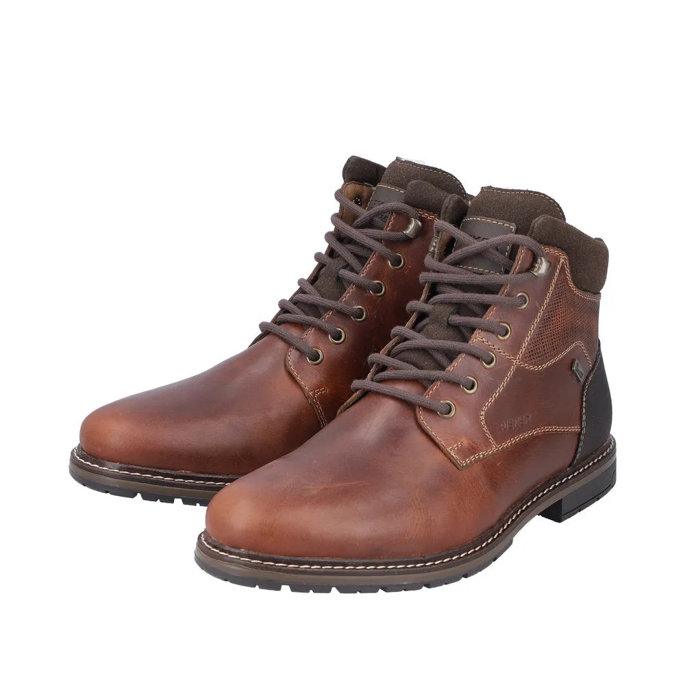 Rieker 13740-24 Mens Brown Leather Water Resistant Zip & Lace Ankle Boots