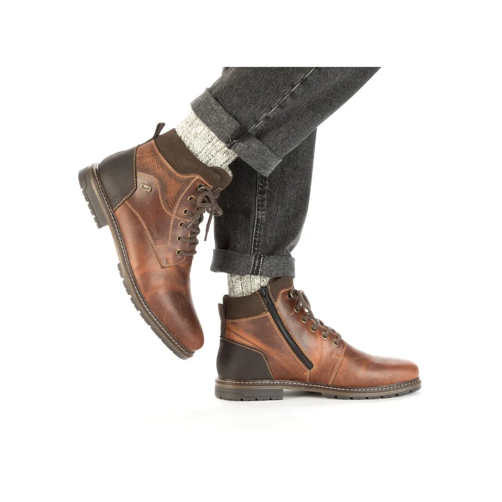 Rieker 13740-24 Mens Brown Leather Water Resistant Zip & Lace Ankle Boots