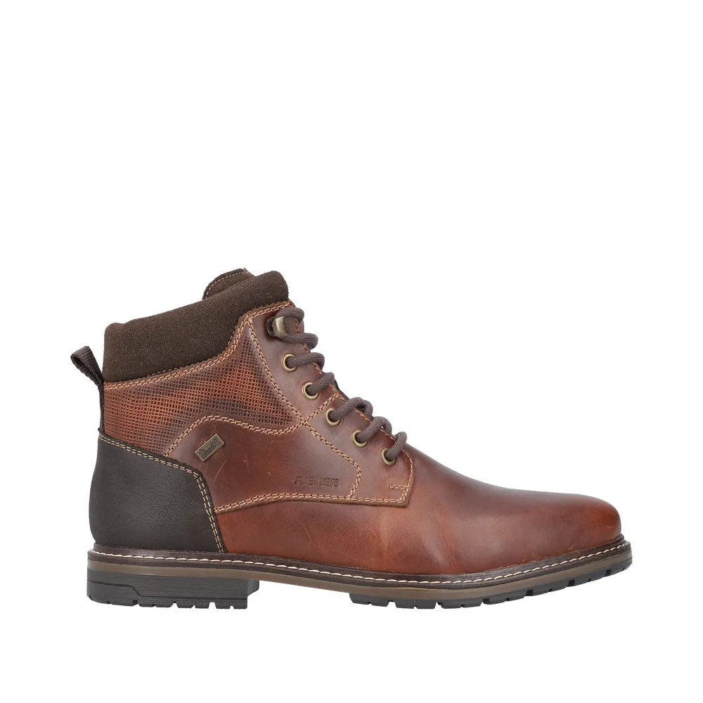 Rieker 13740-24 Mens Brown Leather Water Resistant Zip & Lace Ankle Boots