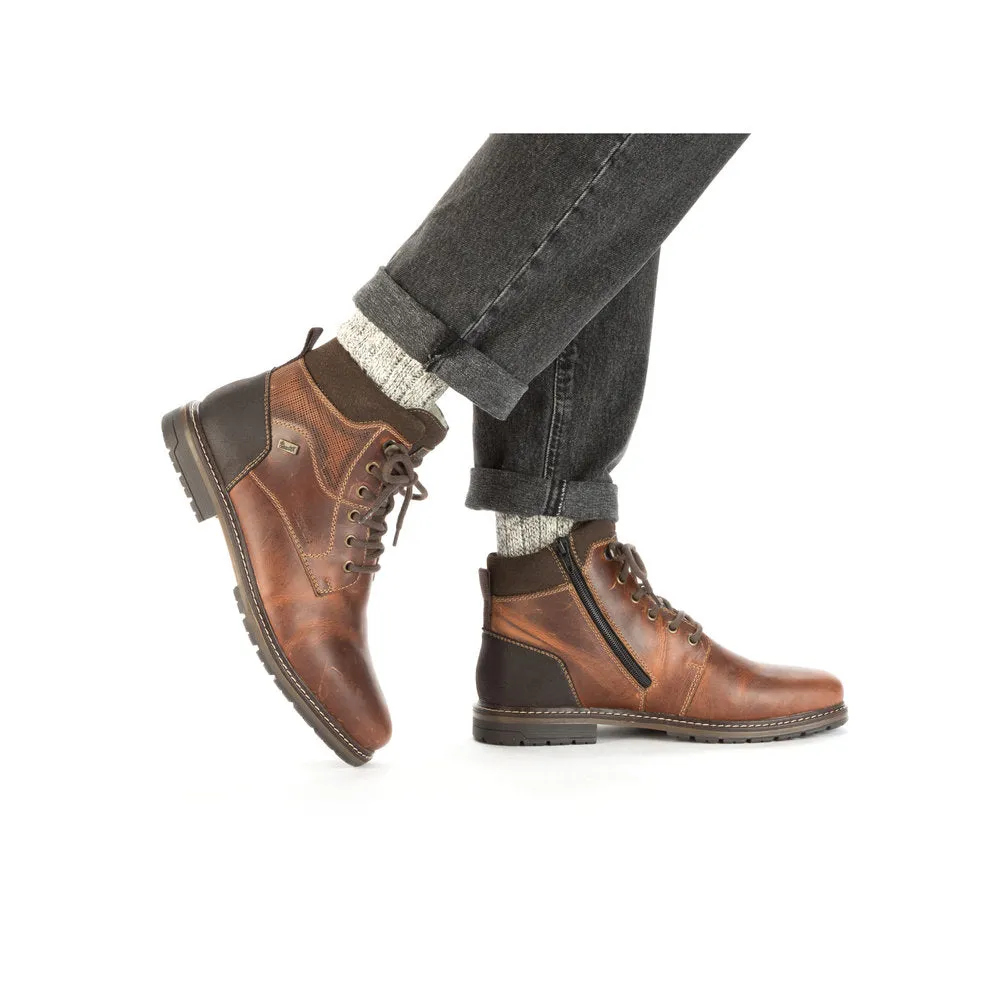 Rieker 13740-24 Mens Brown Leather Water Resistant Zip & Lace Ankle Boots