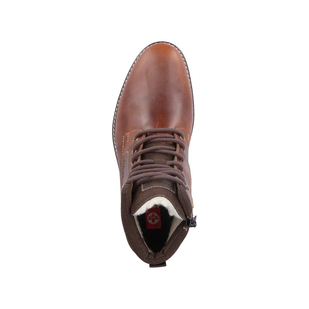 Rieker 13740-24 Mens Brown Leather Water Resistant Zip & Lace Ankle Boots