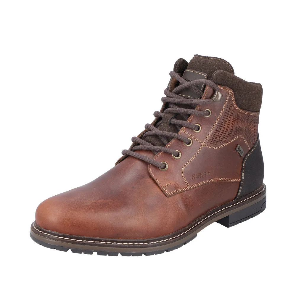 Rieker 13740-24 Mens Brown Leather Water Resistant Zip & Lace Ankle Boots