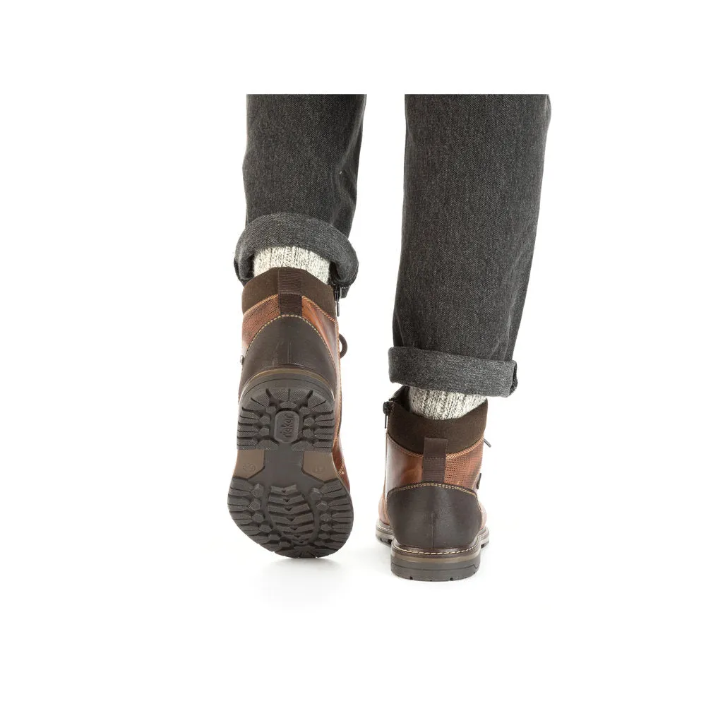 Rieker 13740-24 Mens Brown Leather Water Resistant Zip & Lace Ankle Boots