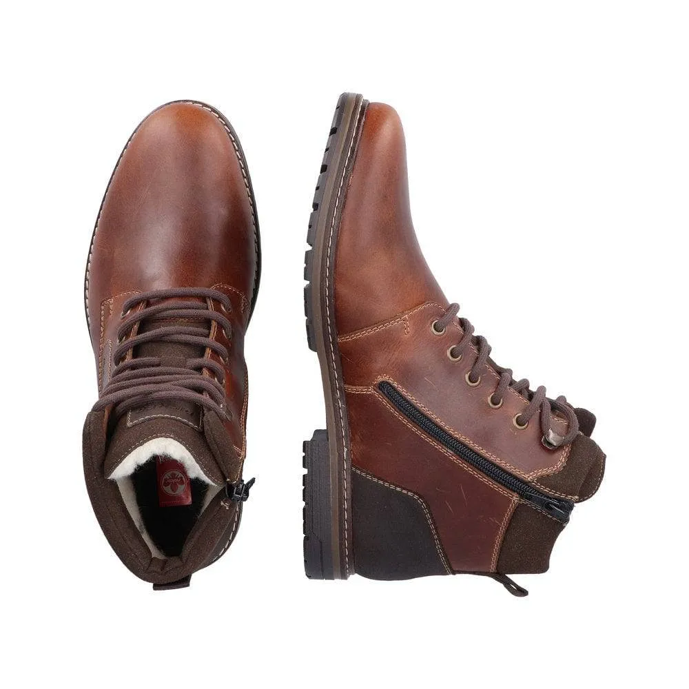 Rieker 13740-24 Mens Brown Leather Water Resistant Zip & Lace Ankle Boots