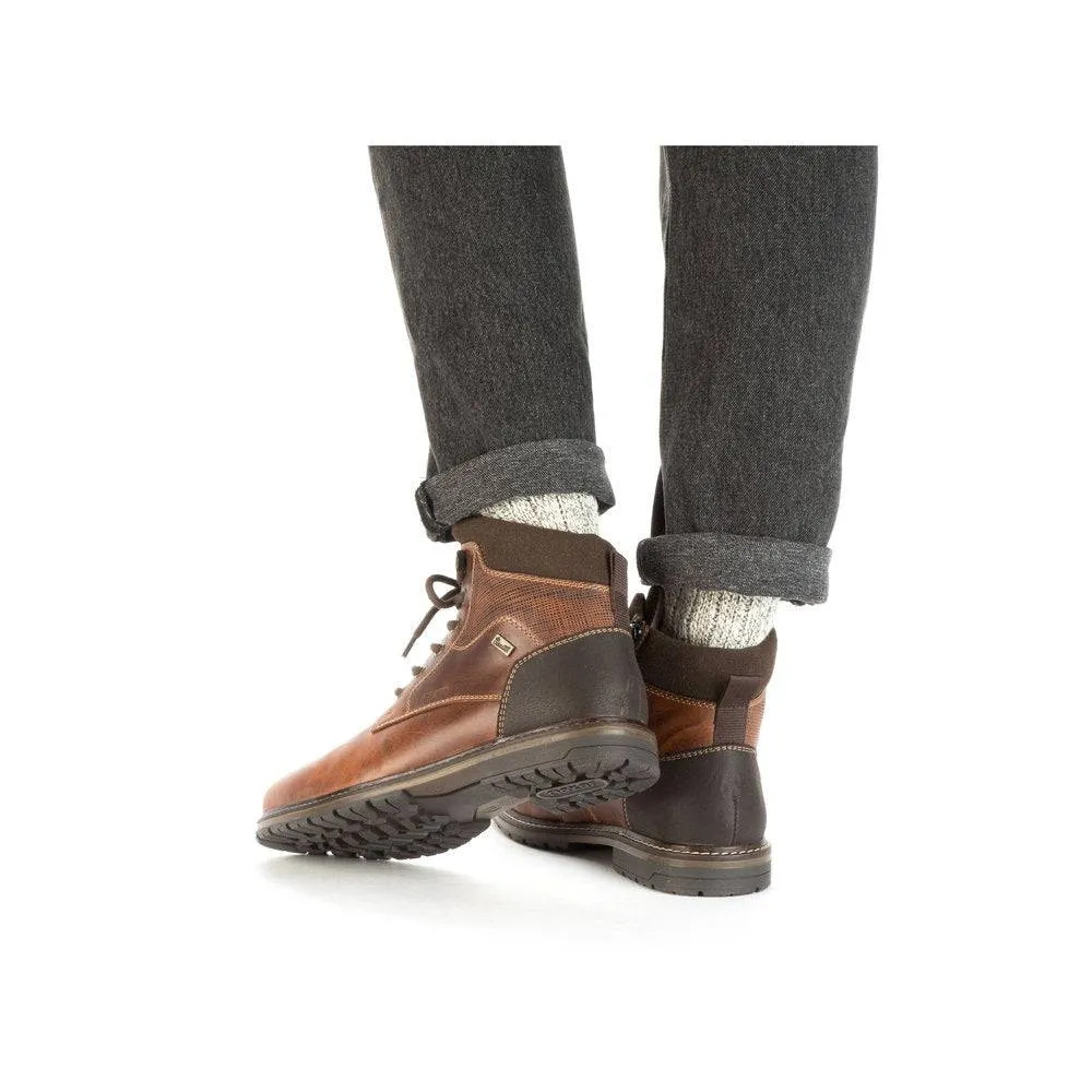 Rieker 13740-24 Mens Brown Leather Water Resistant Zip & Lace Ankle Boots