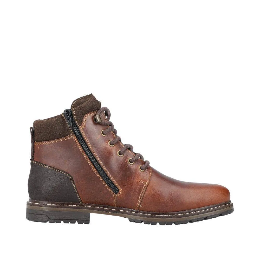 Rieker 13740-24 Mens Brown Leather Water Resistant Zip & Lace Ankle Boots