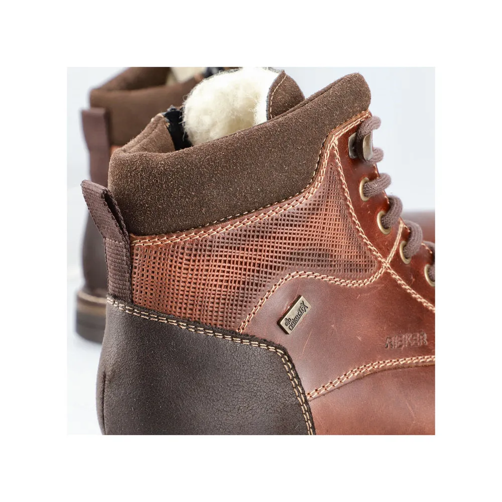 Rieker 13740-24 Mens Brown Leather Water Resistant Zip & Lace Ankle Boots