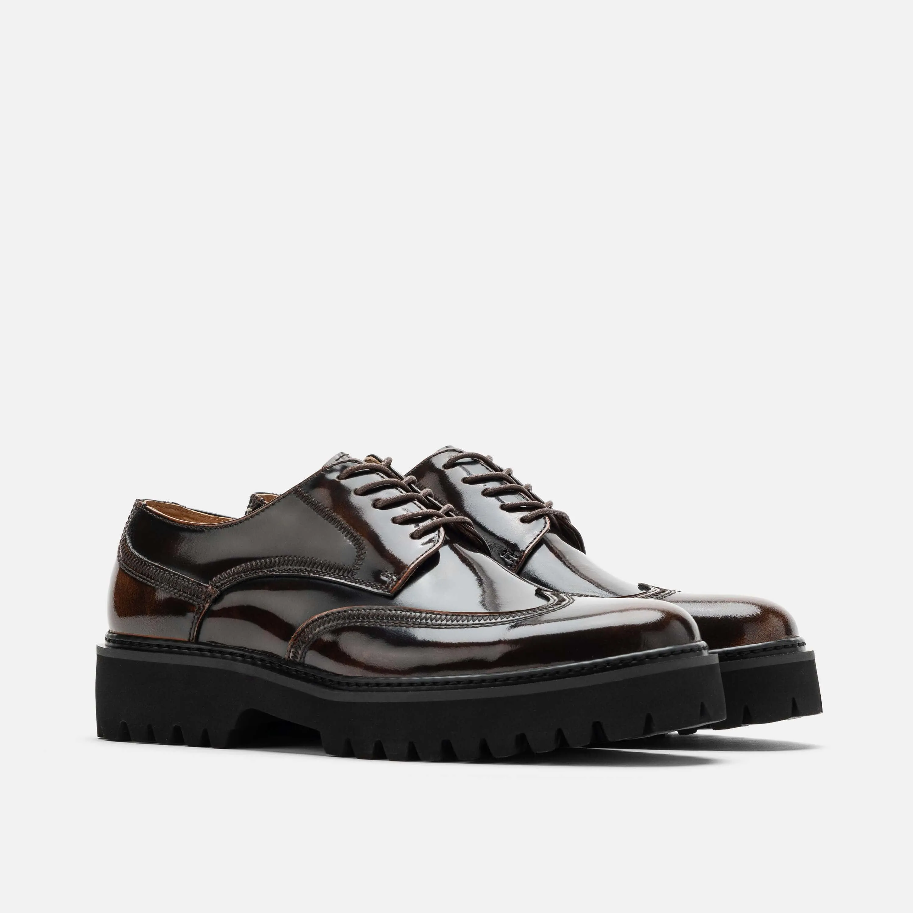Ronan Chocolate Patent Leather Lug Wingtip Shoes