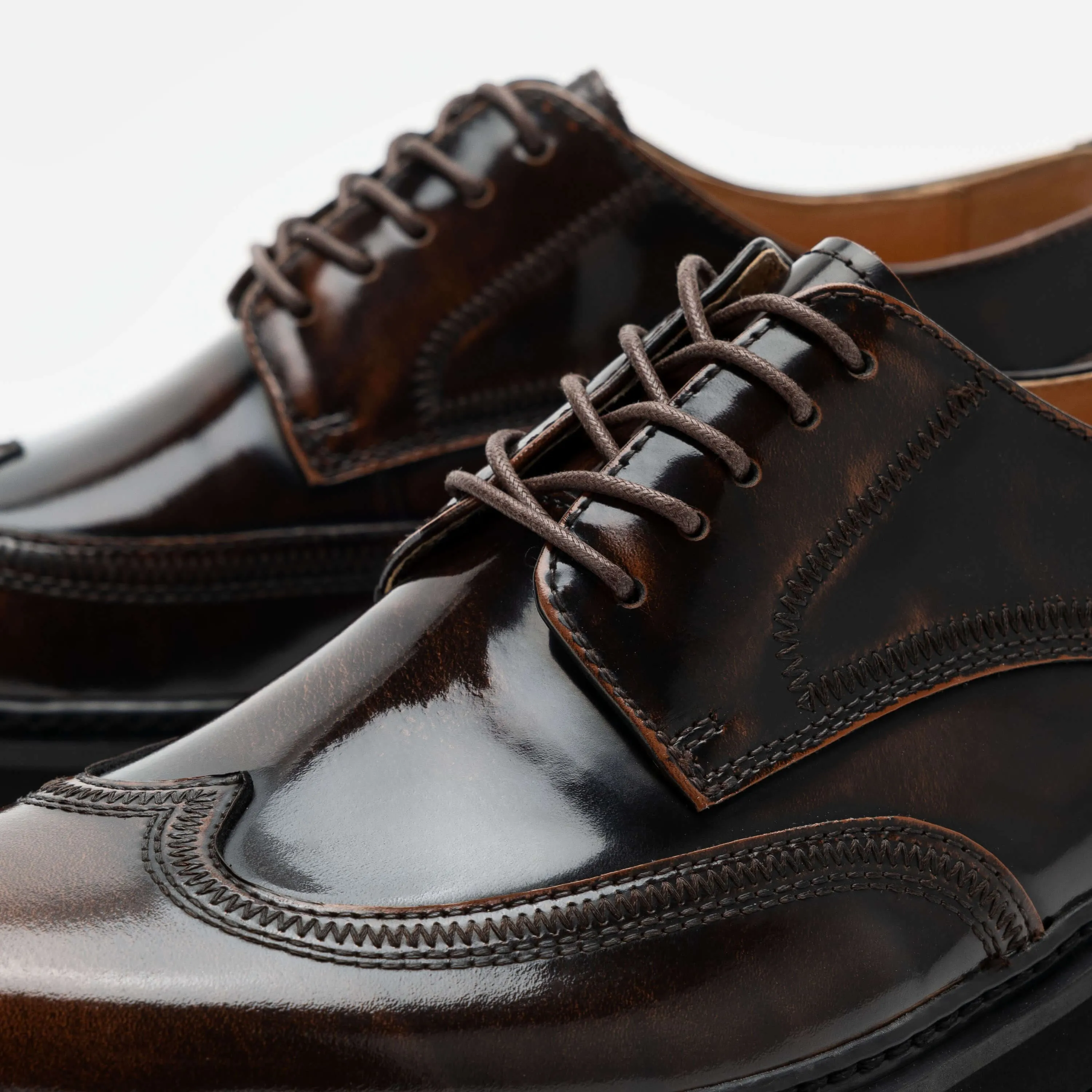 Ronan Chocolate Patent Leather Lug Wingtip Shoes