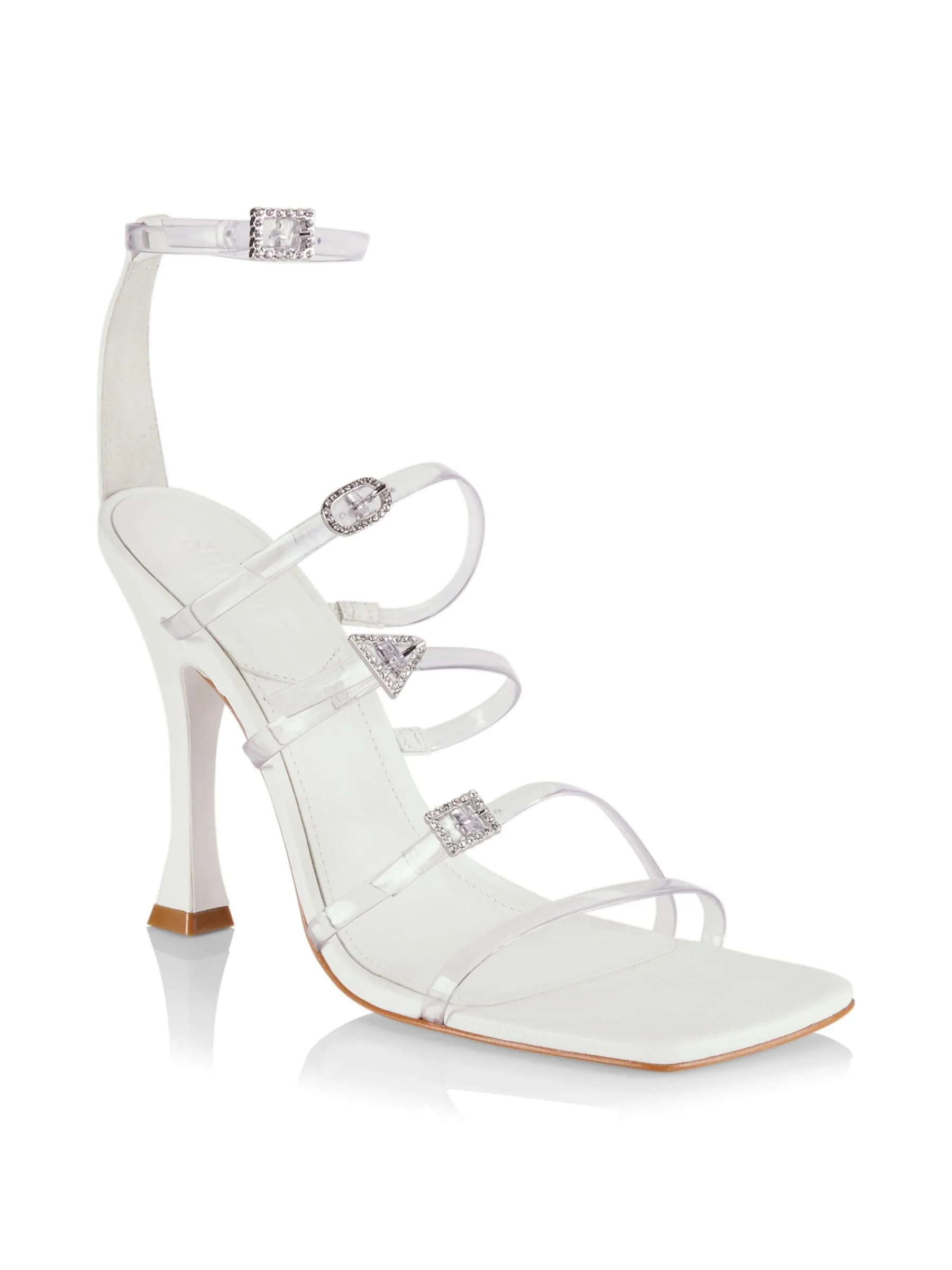 Schutz Noelle White Crystal Detail Ankle Strap Open Toe Flared High Heel Sandals