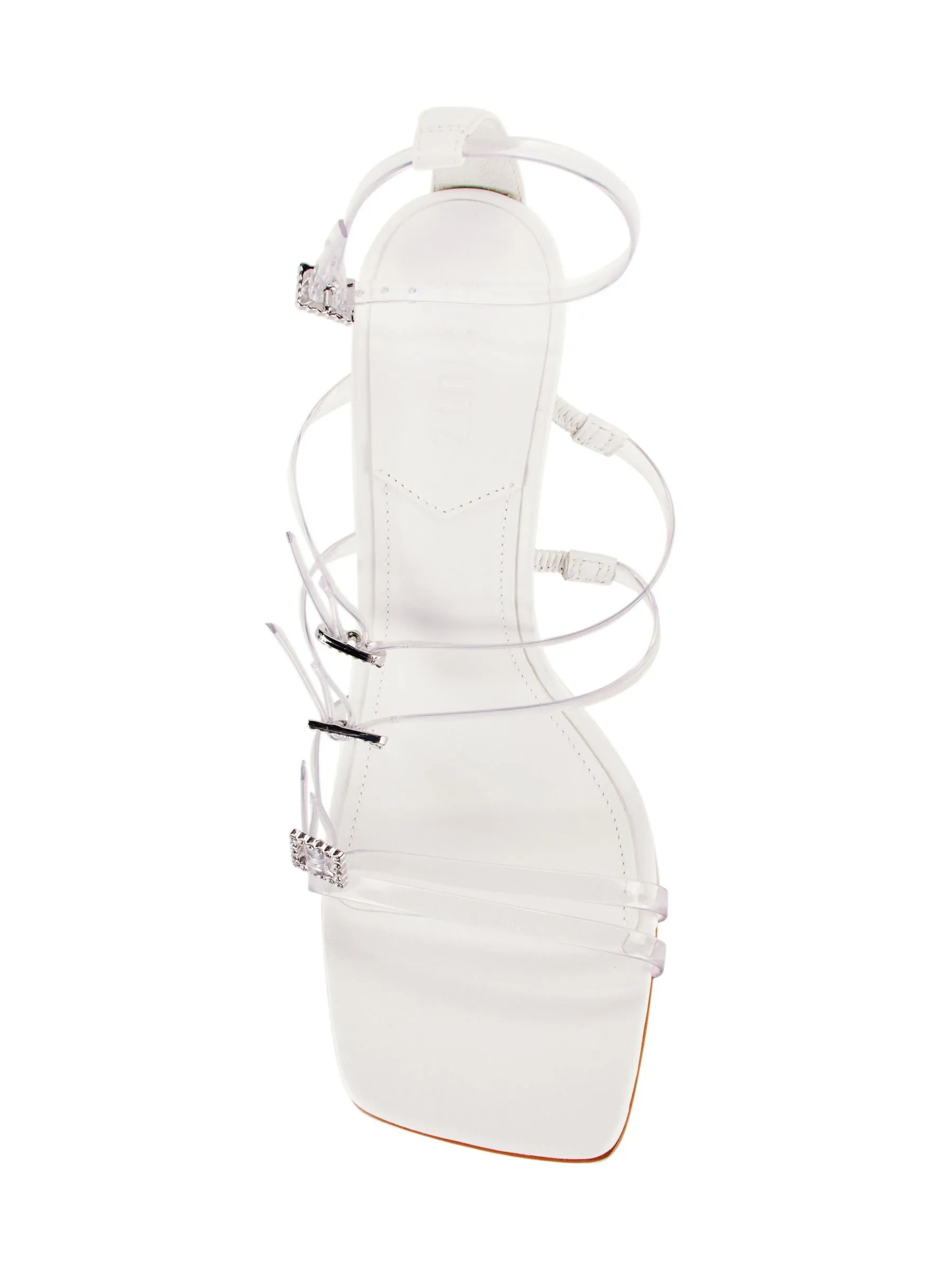 Schutz Noelle White Crystal Detail Ankle Strap Open Toe Flared High Heel Sandals