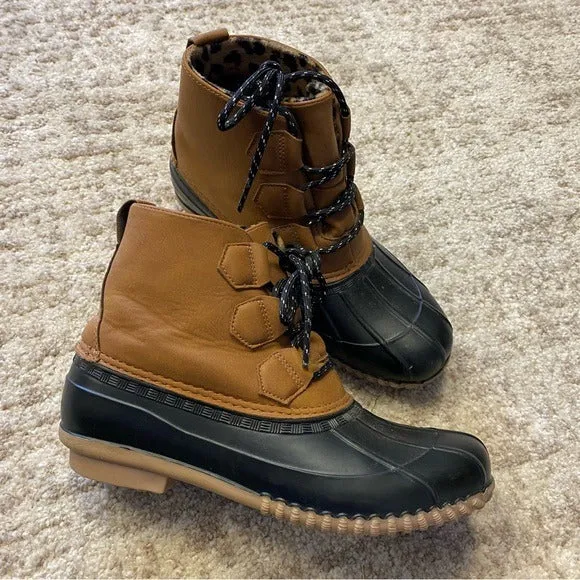 Tan   Black w Leopard Lining Winter Snow/Rain Boots Size 7