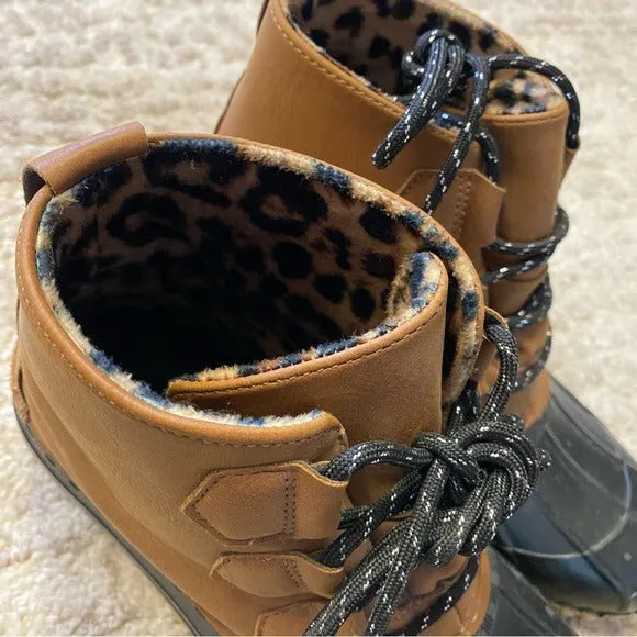 Tan   Black w Leopard Lining Winter Snow/Rain Boots Size 7